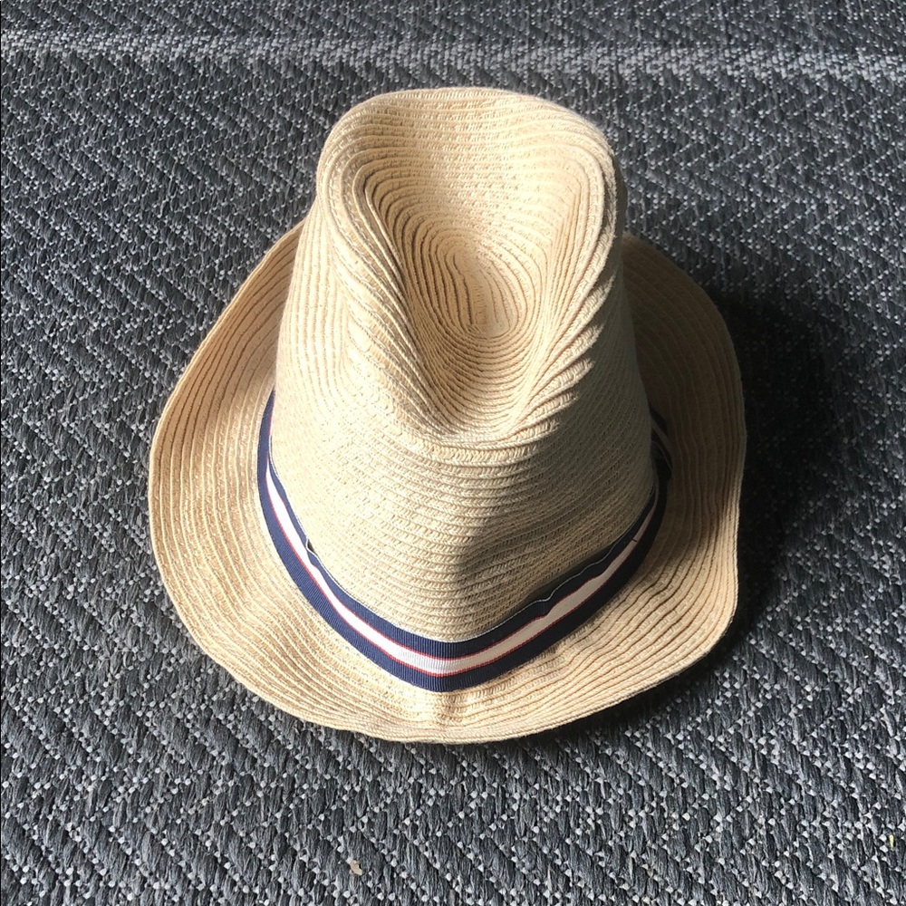 12/18 months H&M Kids Beige Straw Fedora with Navy & Red Trim